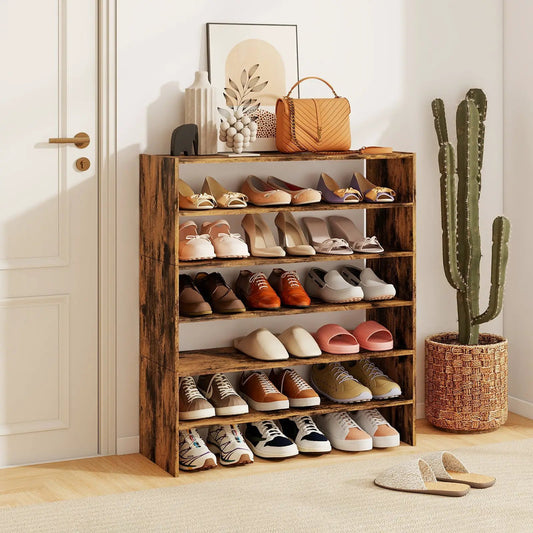 Six-tier wooden shoe rack with anti tipping device in rustic brown finish holds multiple pairs of shoes on Tampa Home & Garden Store