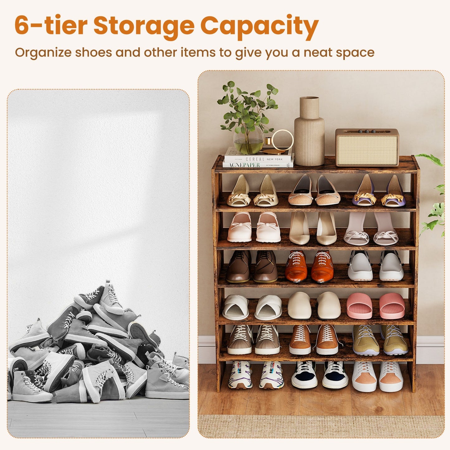 Six-tier wooden shoe rack with anti-tip device holds multiple pairs of shoes and top decor on Tampa Home & Garden Store