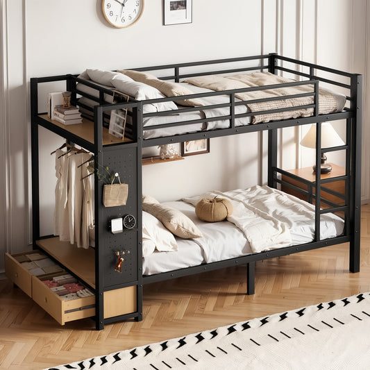 Twin XL over twin XL metal bunk bed with storage shelves in black by HouseOfZazla on Tampa Home & Garden Store