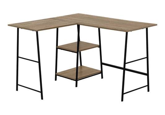 Corner L-shaped computer desk with light wood top, black metal legs, and 3-tier storage shelves on Tampa Home & Garden Store