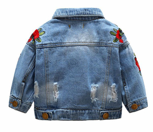Baby girls denim jacket by Stevvex with rose embroidery and distressed ripped details on Tampa Home & Garden Store