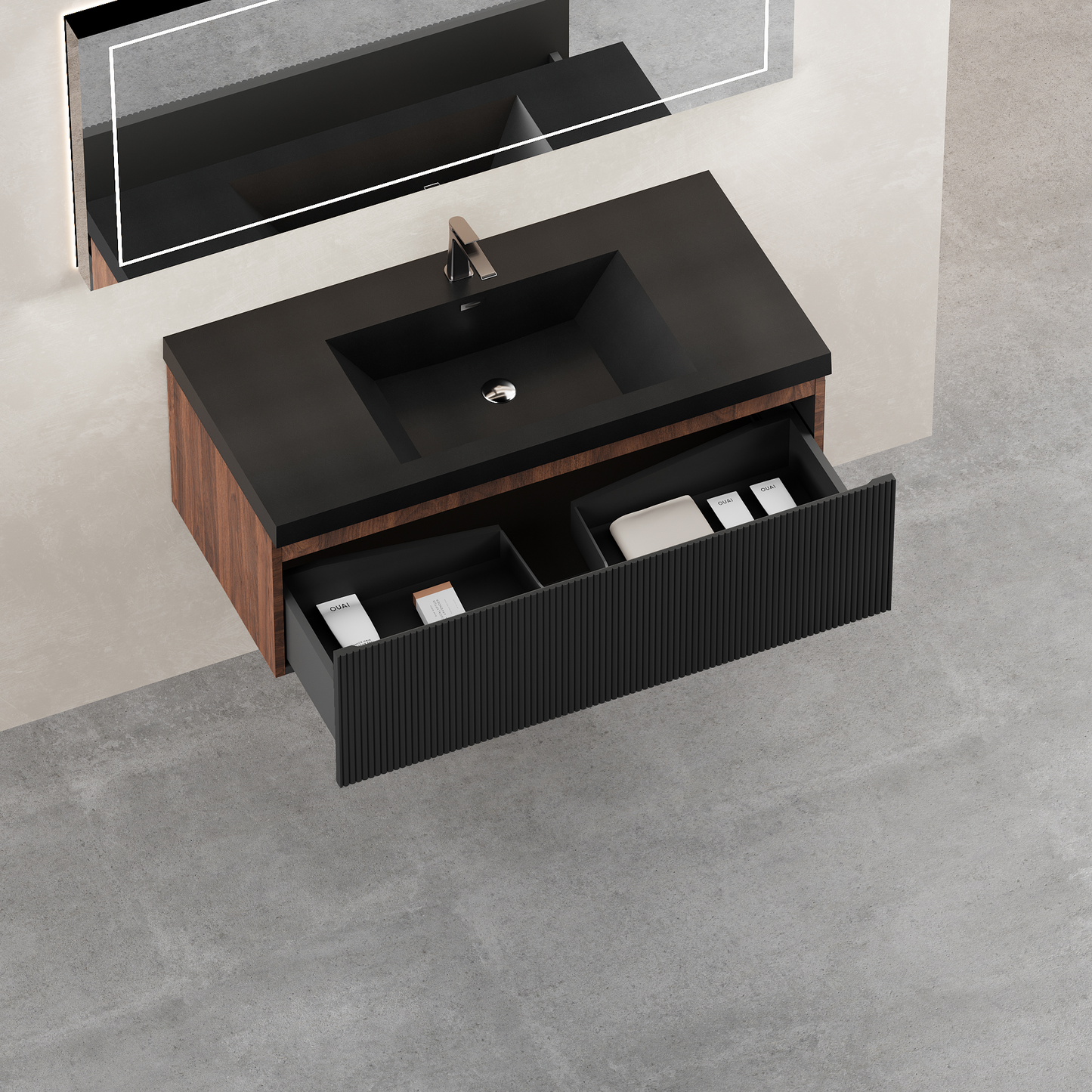 42-inch floating bathroom vanity with sink and striped cabinet, black countertop HouseOfZazla on Tampa Home & Garden Store