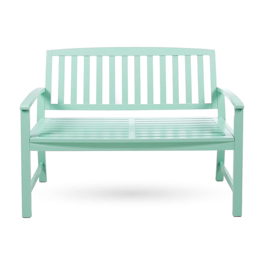 Loja Farmhouse Bench indoor outdoor mint green slatted back and seat HouseOfZazla on Tampa Home & Garden Store