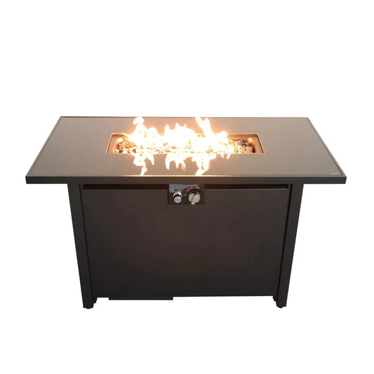 Rectangular fire pit with frame, black metal, glowing flames and lava rocks on Tampa Home & Garden Store