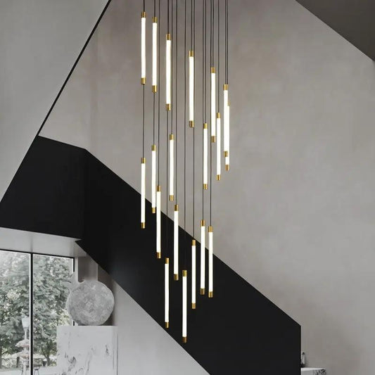 All Copper Duplex Staircase Long Chandelier with vertical pendant tubes and brass caps on Tampa Home & Garden Store