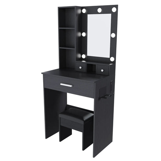 Vanity table with mirror black wood finish, LED bulb-framed mirror, storage shelves and stool on Tampa Home & Garden Store