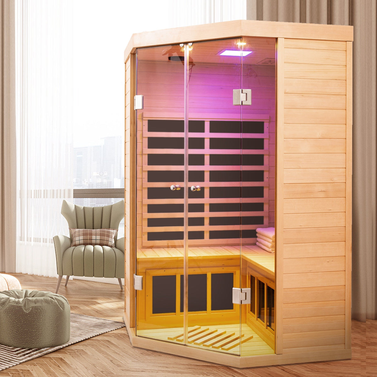 Deluxe Hemlock Infrared Corner Sauna with Glass Front for Two, pink glow, HouseOfZazla on Tampa Home & Garden Store
