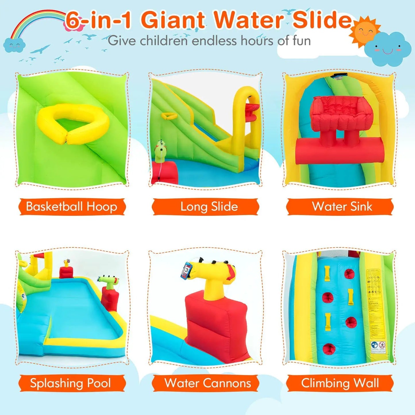 Inflatable Splash Jump Slide Water Bounce green-yellow color with basketball hoop and slide on Tampa Home & Garden Store