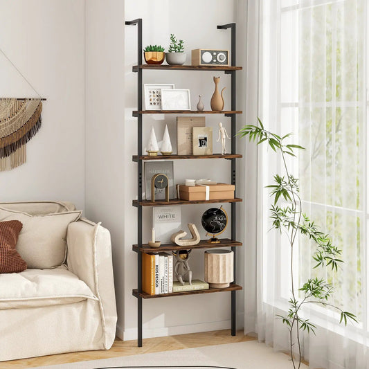 Six-tier 72-inch wall-mounted ladder shelf with dark wood shelves and black frame on Tampa Home & Garden Store