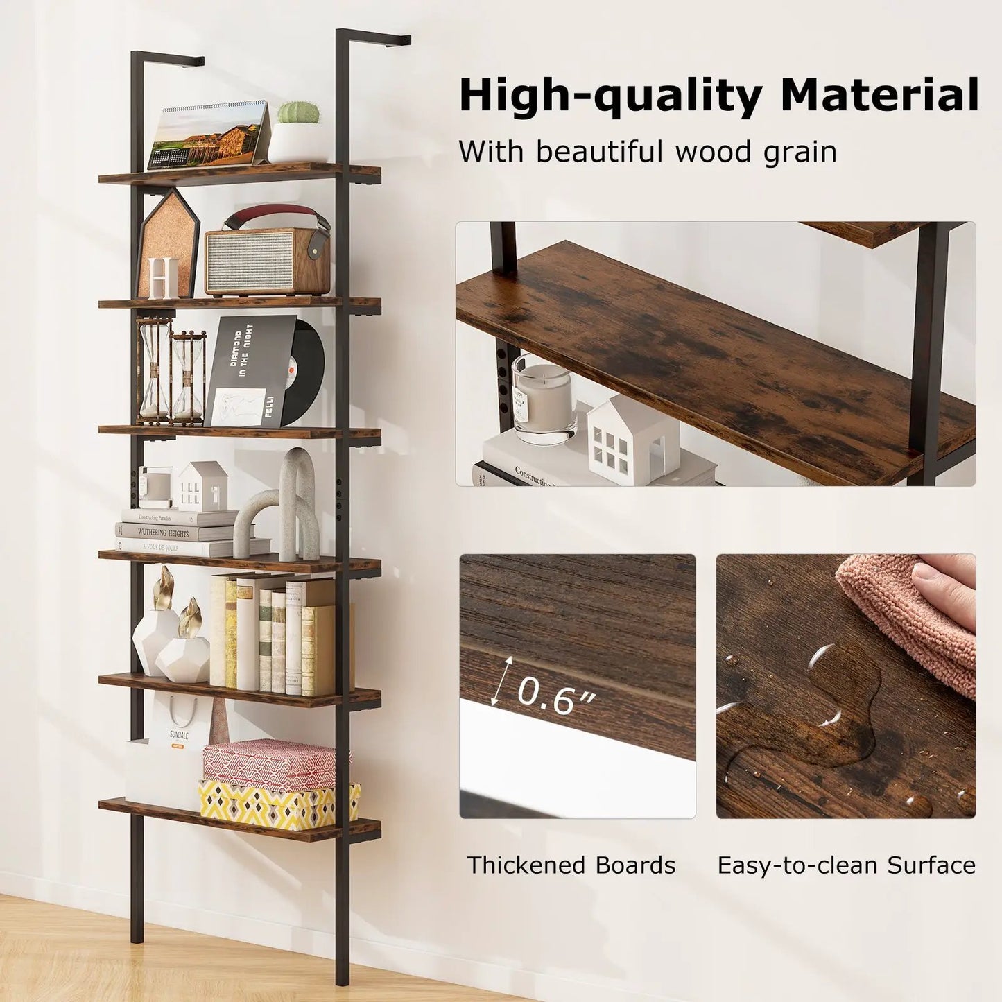 Six-tier ladder shelf 72-inch wall-mounted with dark wood planks and black metal frame on Tampa Home & Garden Store