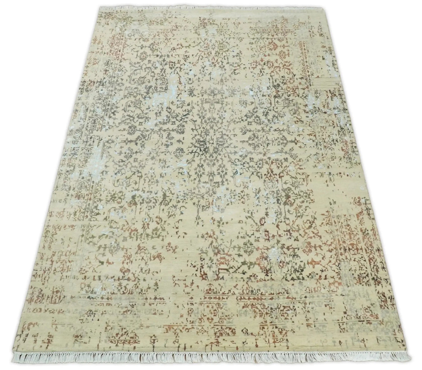 Area rug fine hand knotted beige rust antique wool with fringe by The Rug Decor on Tampa Home & Garden Store