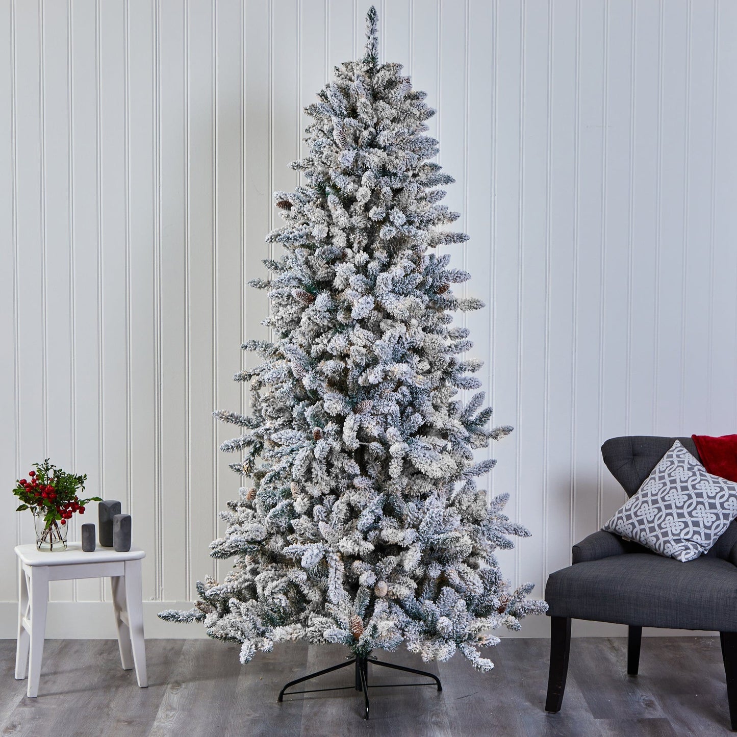 7.5’ Flocked Livingston Fir Artificial Christmas Tree with Pine Cones and 1336 Bendable Branches - Tampa Home & Garden Store