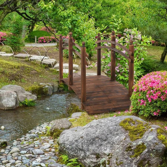 7.5 Ft Wooden Garden Bridge with Hand Rails in Carbonized Wood Finish - Tampa Home & Garden Store
