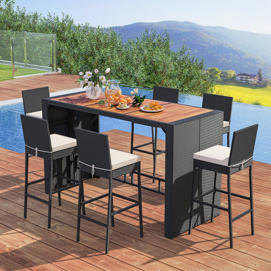 7 Pieces Patio Rattan Bar Set with Seat Cushions for Porch Yard Garden - Tampa Home & Garden Store