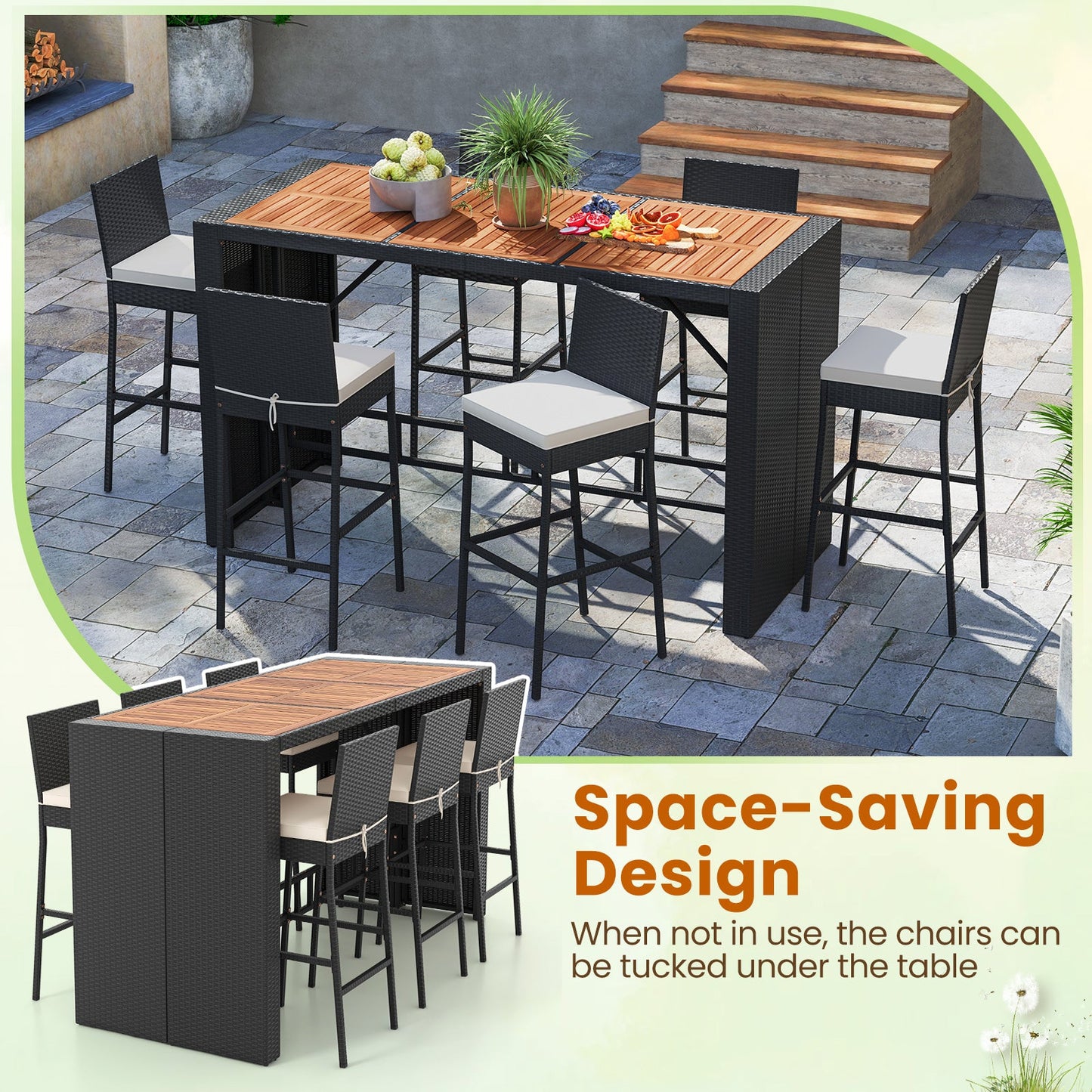 7 Pieces Patio Rattan Bar Set with Seat Cushions for Porch Yard Garden - Tampa Home & Garden Store