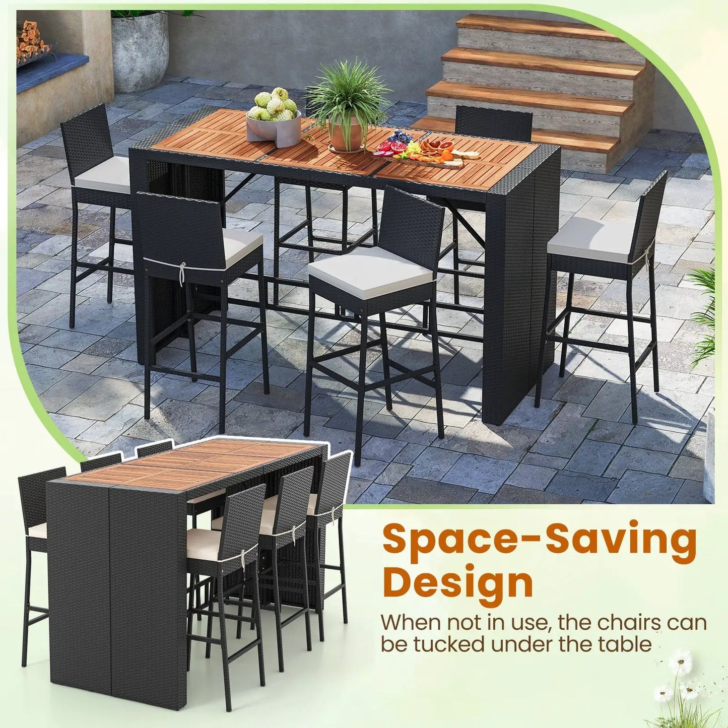 7-Piece patio rattan bar set with beige cushions and teak slat tabletop for outdoor dining on Tampa Home & Garden Store
