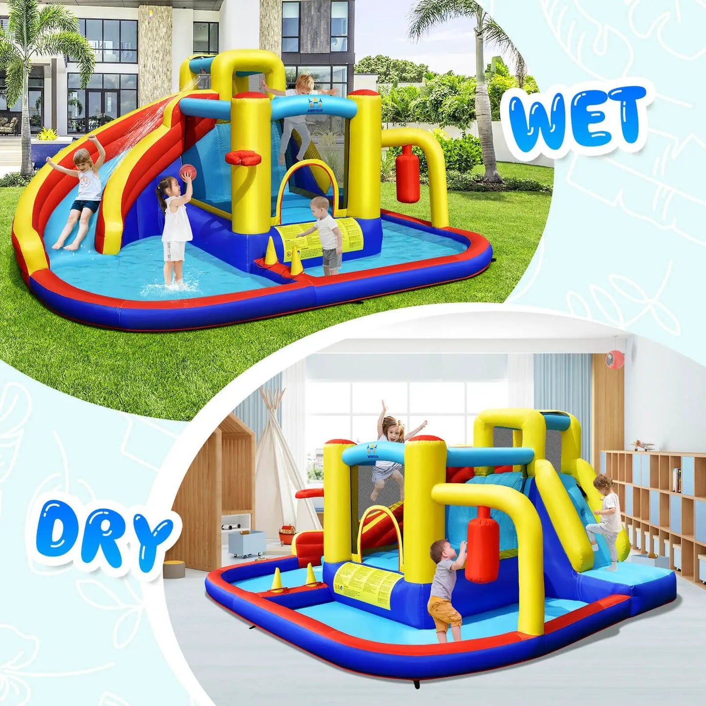 Seven in One Inflatable Water Slide Castle with colorful yellow blue red pillars and splash pool on Tampa Home & Garden Store