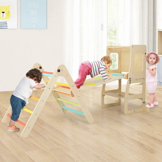 7 in 1 Toddler Climbing Toy Table and Chair Set in natural wood with colorful ladder rungs on Tampa Home & Garden Store