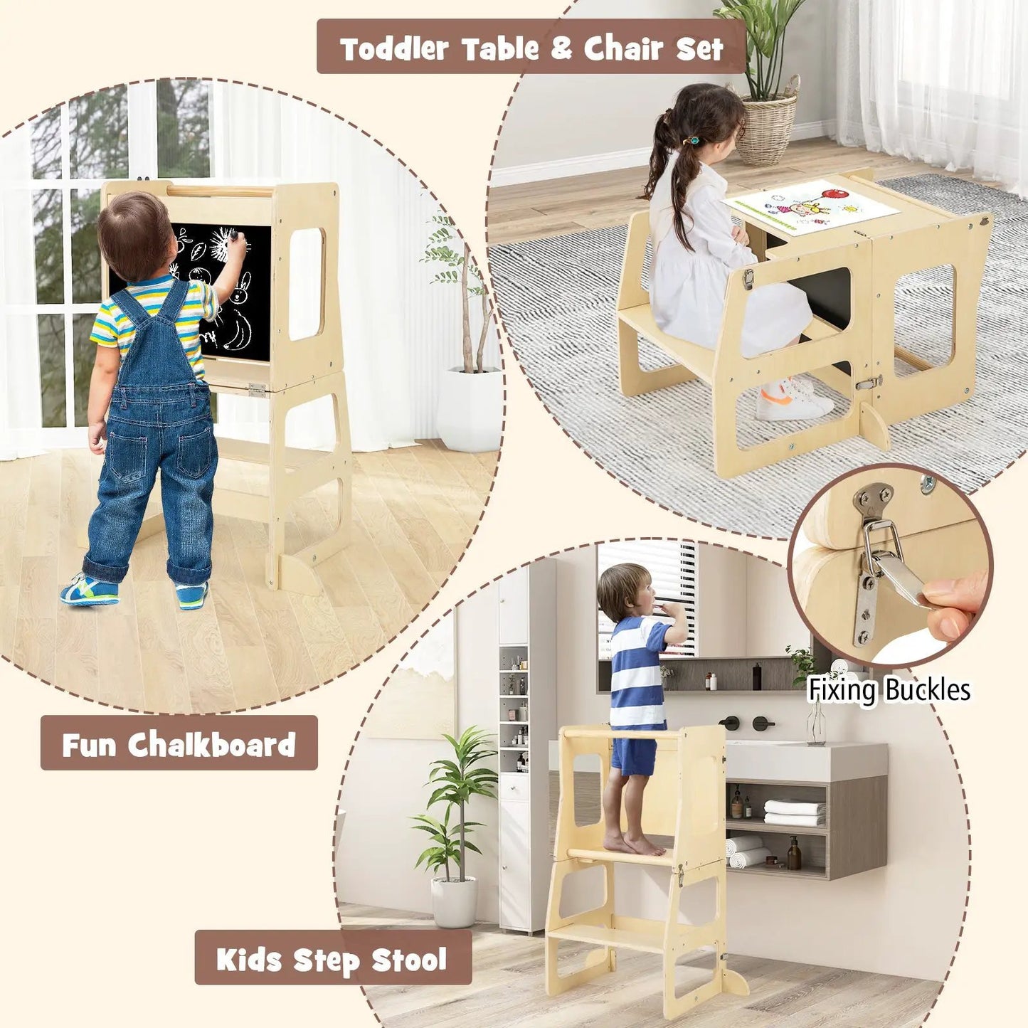 Wooden 7-in-1 Toddler Climbing Table & Chair Set with chalkboard, natural finish DirectDeals on Tampa Home & Garden Store