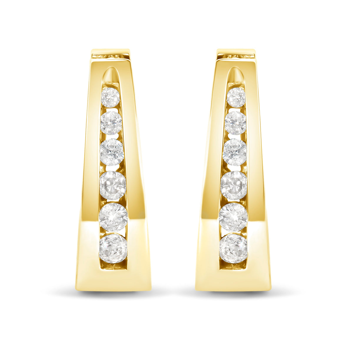 Pair of diamond hoop earrings in yellow gold with channel-set brilliant diamonds along inner edge on Tampa Home & Garden Store