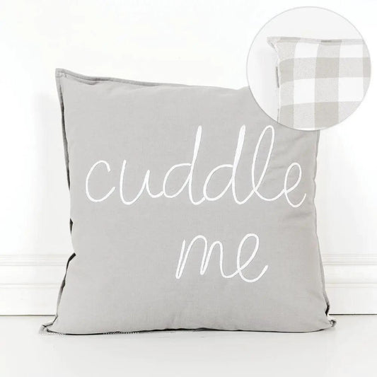 Throw pillow Cuddle Me 20in gray with white cursive print Gia Roma Wild at Heart tribal on Tampa Home & Garden Store