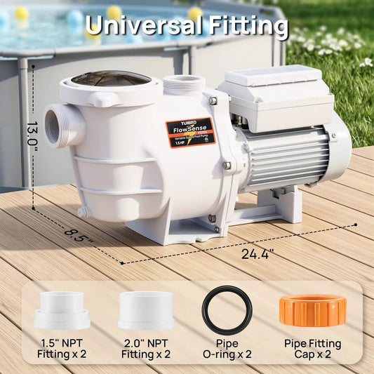 FlowSense white variable speed pool pump above ground TURBRO with 1.5in & 2.0in NPT fittings on deck on Tampa Home & Garden Store