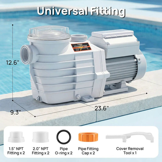 FlowSense variable speed pool pump by TURBRO for in-ground pools with universal fittings on Tampa Home & Garden Store