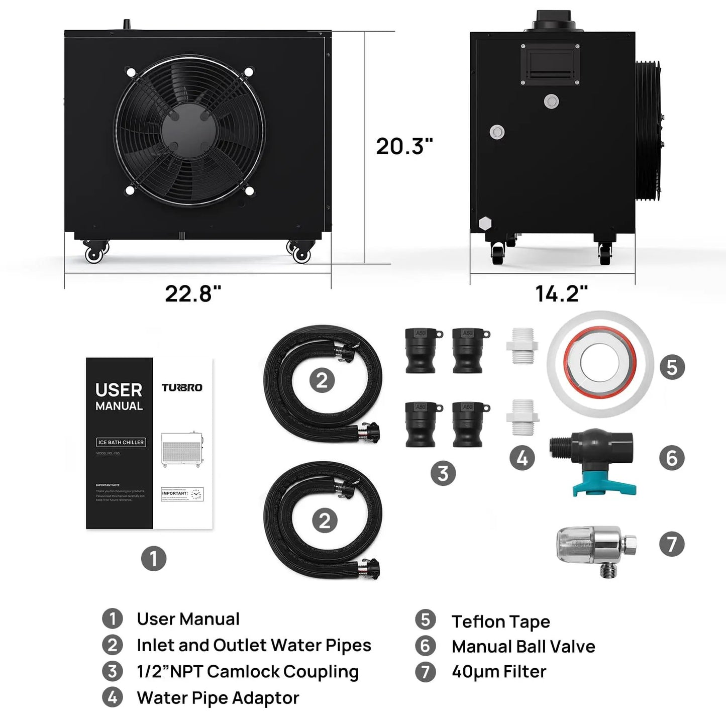 Frostcore Ice Bath Water Chiller for Cold Plunge by TURBRO, front and back views with hoses on Tampa Home & Garden Store