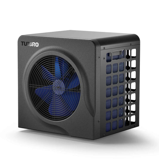 Manatee pool heat pump TURBRO 18K BTU compact unit with blue fan and side grille on Tampa Home & Garden Store