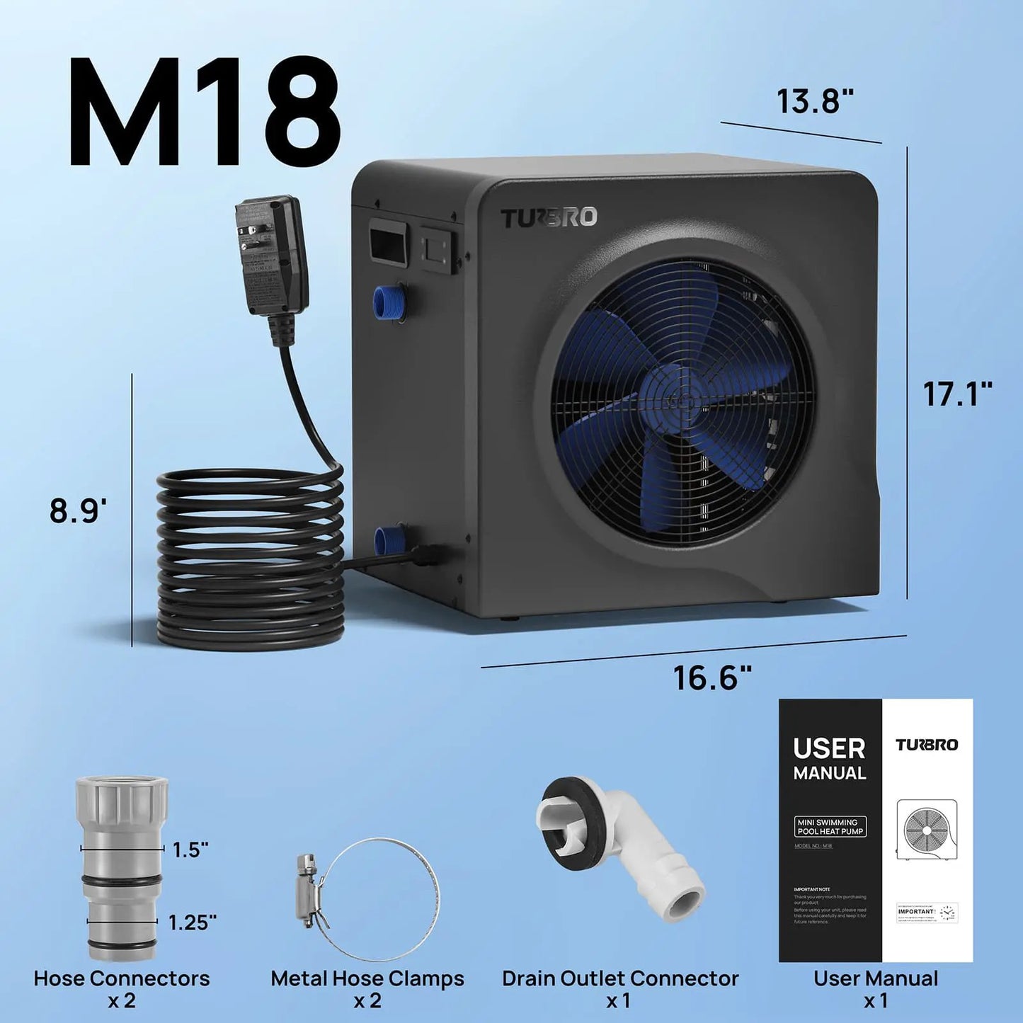 Manatee M18 pool heat pump by TURBRO, gray outdoor unit with blue fan on Tampa Home & Garden Store