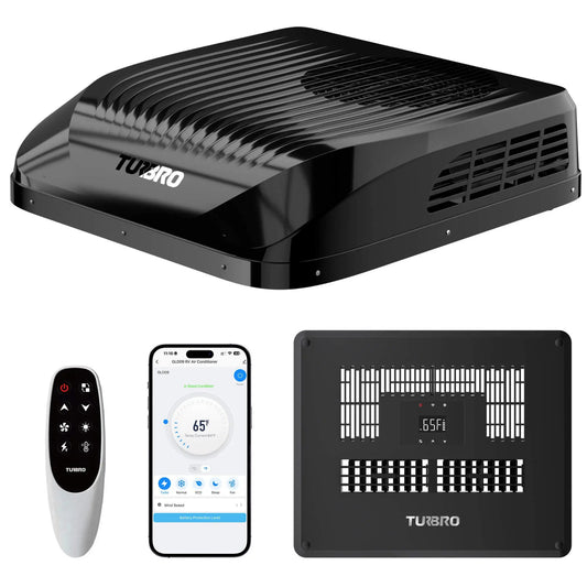 Greenland 9,000 BTU rooftop RV air conditioner by TURBRO, black unit with vent grille on Tampa Home & Garden Store