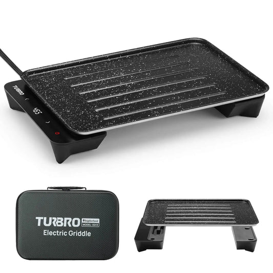 Electric Griddle TURBRO Neighborhood EG13 with speckled nonstick surface and ribbed plate on Tampa Home & Garden Store