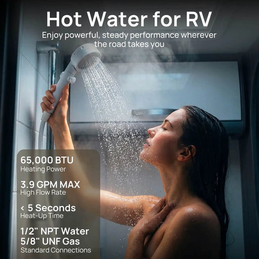 Water Heater TURBRO WH-65K RV tankless propane with 65k BTU and 3.9 GPM in shower on Tampa Home & Garden Store