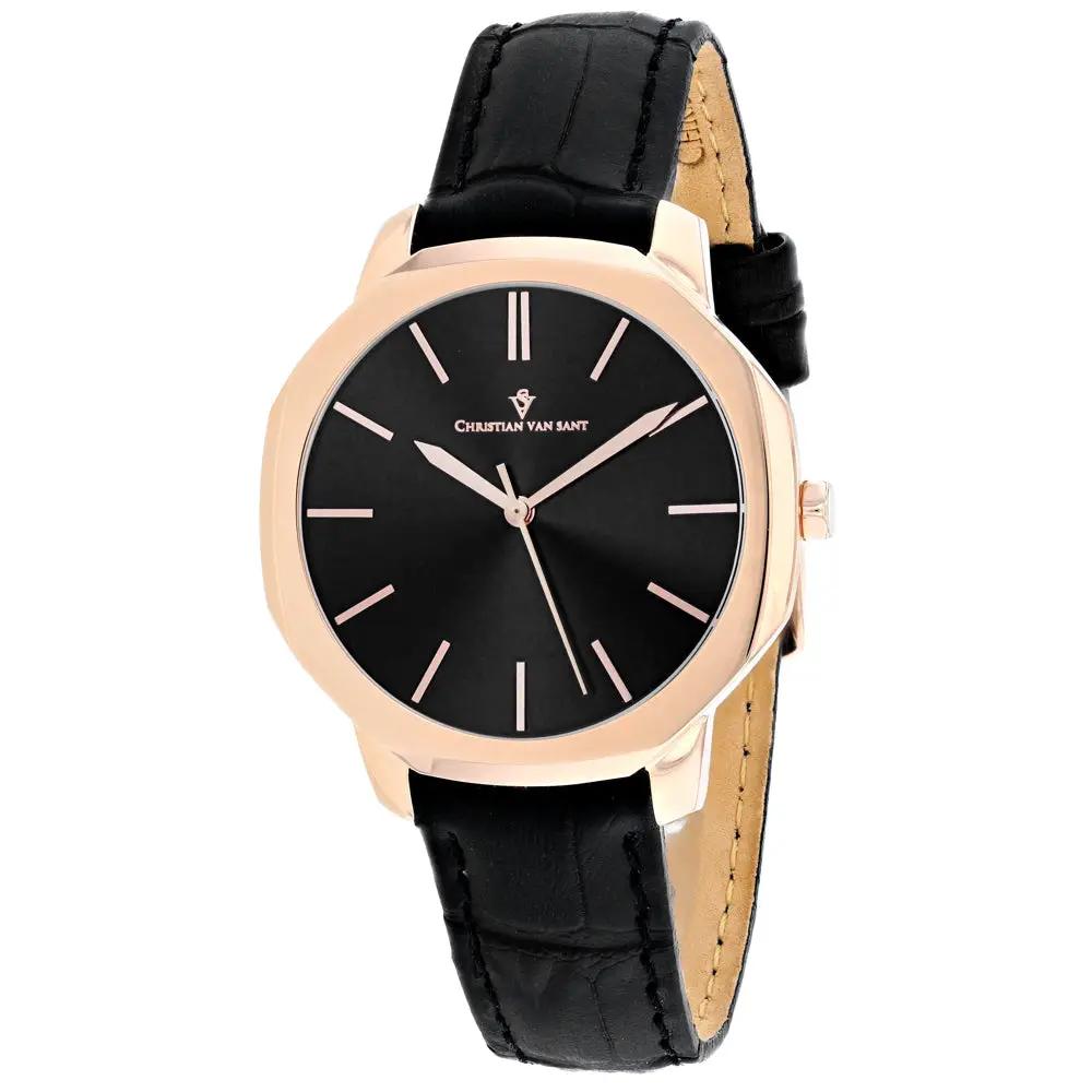 Christian Van Sant Women's Octave Slim Watch with black dial, rose-gold case, black leather strap on Tampa Home & Garden Store