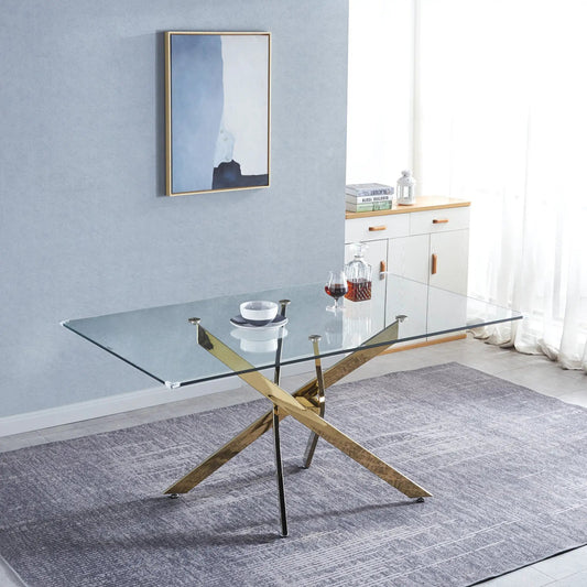 Rectangular tempered glass dining table for six with gold legs in a modern dining room on Tampa Home & Garden Store