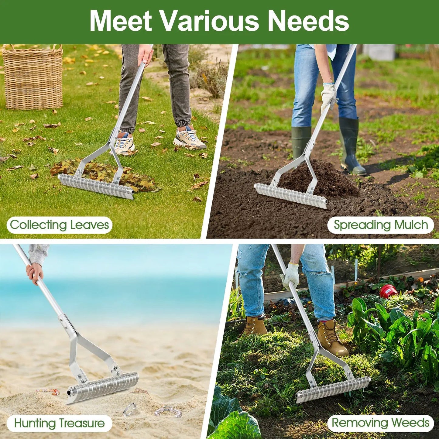 Aluminum lawn loosening soil rake long handle with roller tines for leaves and mulch on Tampa Home & Garden Store