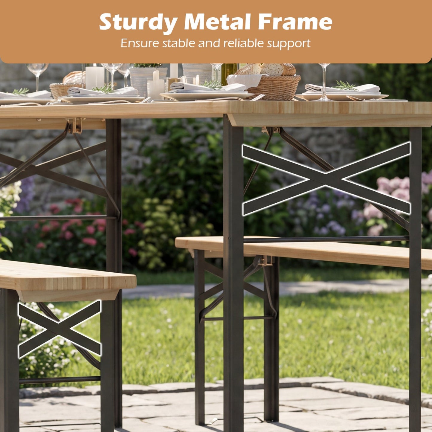 70-Inch folding picnic table with benches for 6, solid fir wood top, black metal frame on Tampa Home & Garden Store