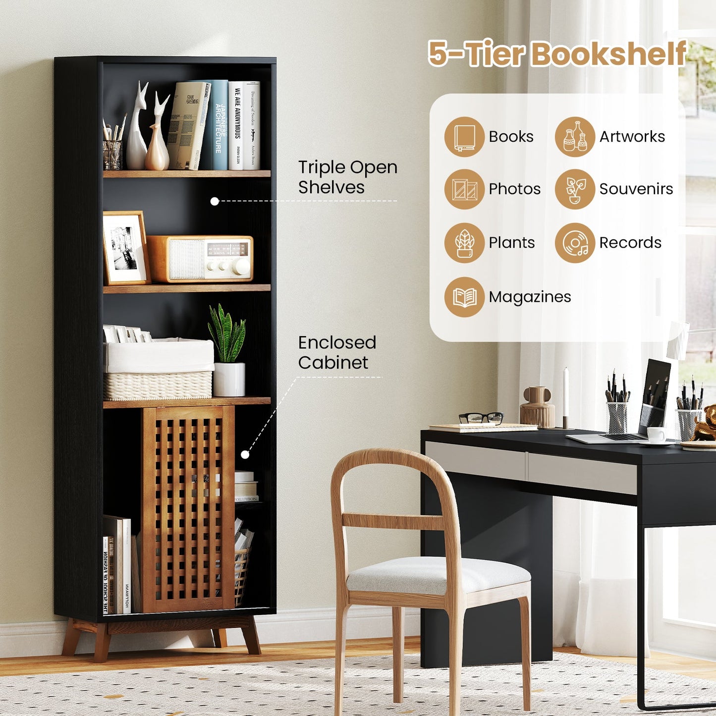 DirectDeals 70-Inch five-tier bookshelf with reversible shelves, black frame and wood shelves on Tampa Home & Garden Store