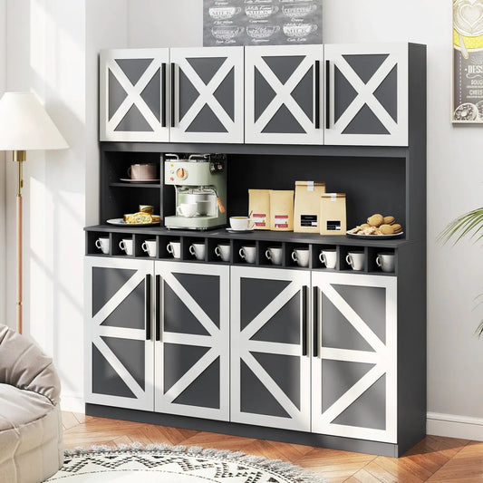 Farmhouse pantry cabinet kitchen buffet hutch 70-inch dark gray with white X doors coffee bar on Tampa Home & Garden Store