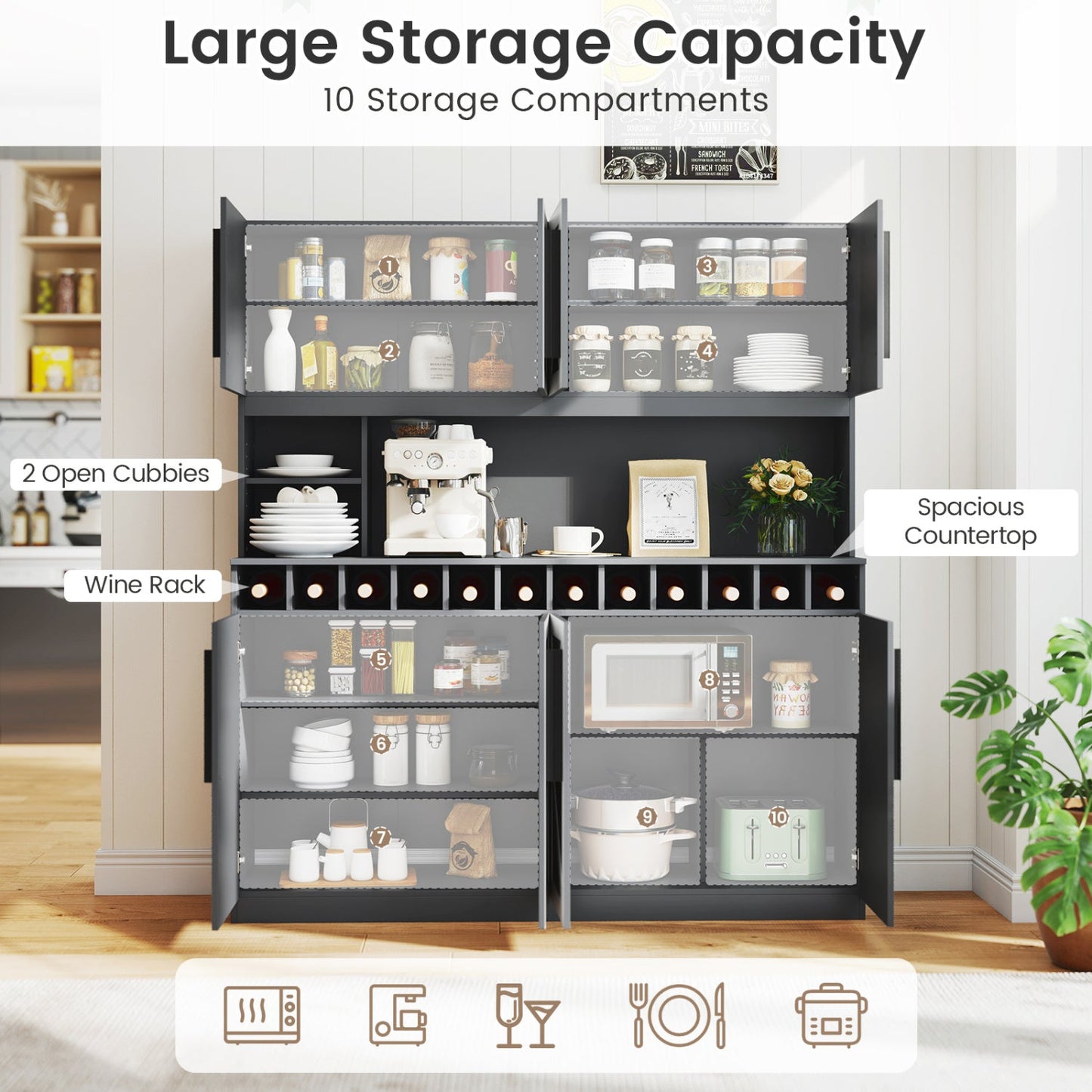 Farmhouse pantry cabinet kitchen buffet Hutch 70-inch with 2 open cubbies and wine rack on Tampa Home & Garden Store