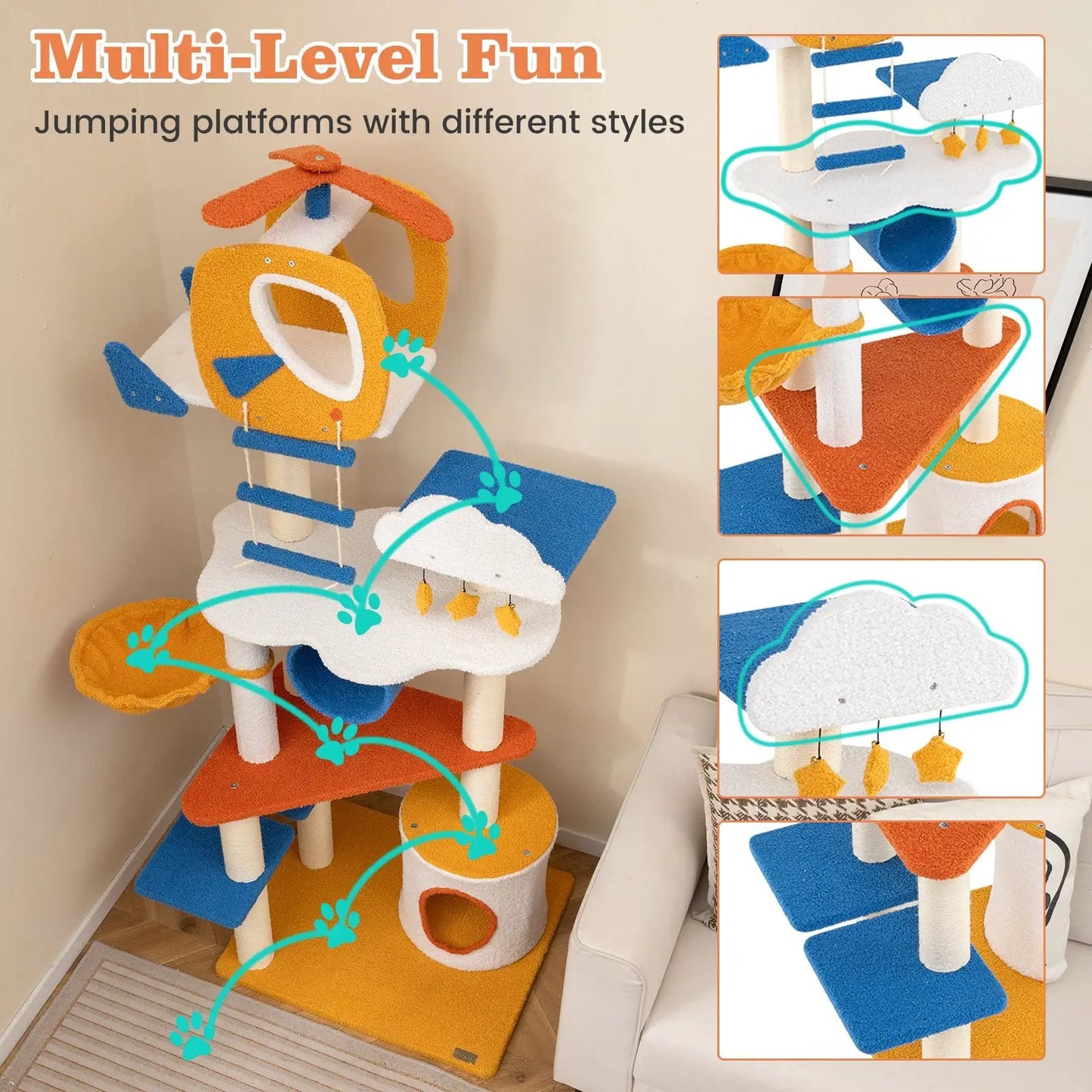 Aviation cat tree with helicopter perch in yellow and blue, stacked platforms and hanging toys on Tampa Home & Garden Store