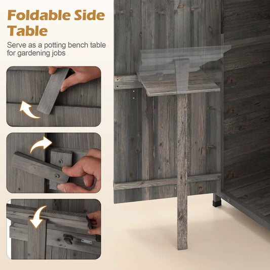 Garden Tool Storage Cabinet With Lockable Doors with fold-out side table gray wood DirectDeals on Tampa Home & Garden Store
