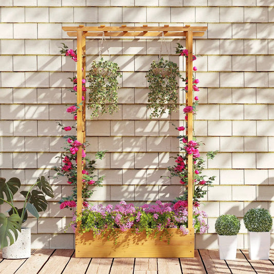 70-inch wooden raised garden bed with lattice trellis, hanging planters and climbing roses on Tampa Home & Garden Store