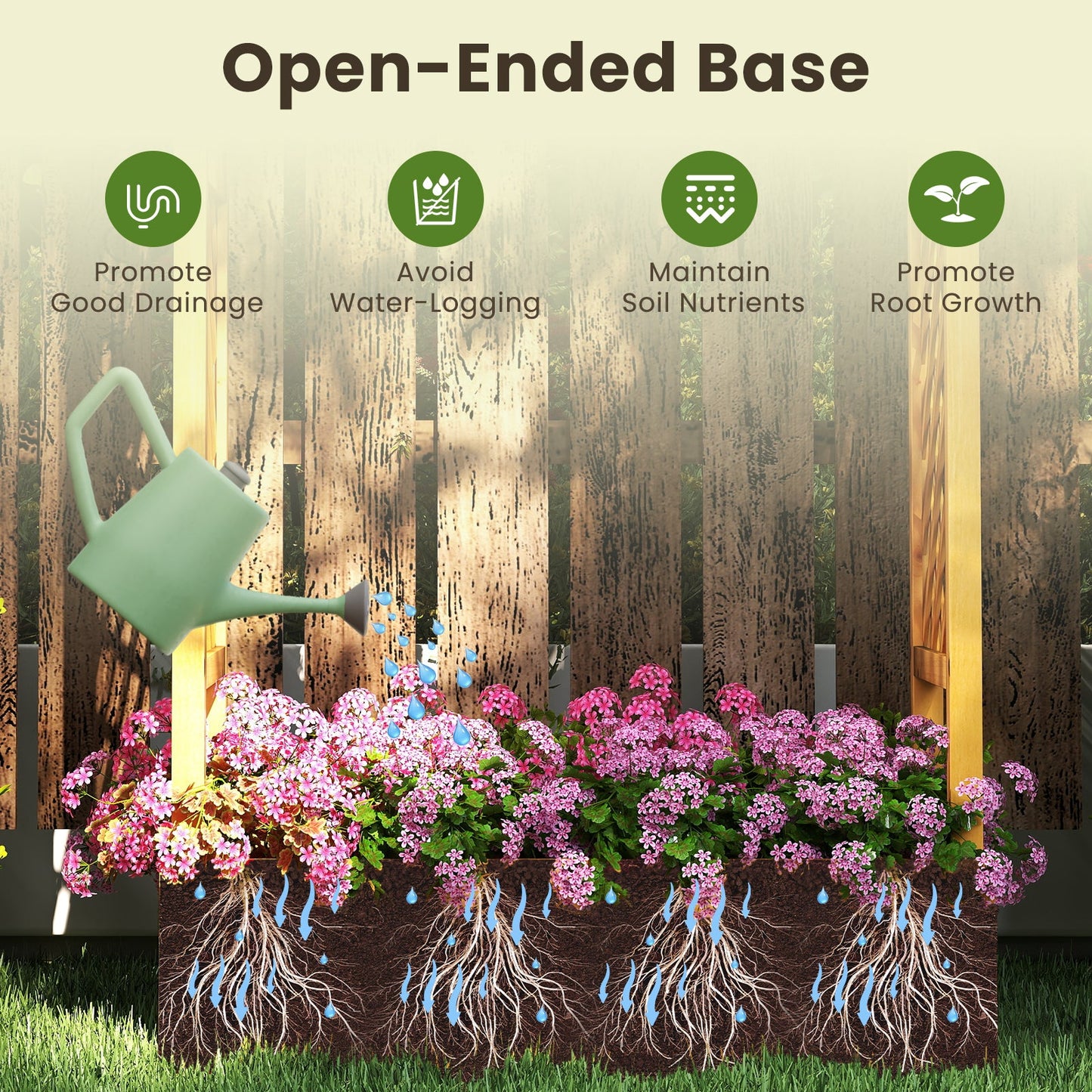 70-inch wooden raised garden bed with lattice trellis in natural finish, pink flowers in front on Tampa Home & Garden Store