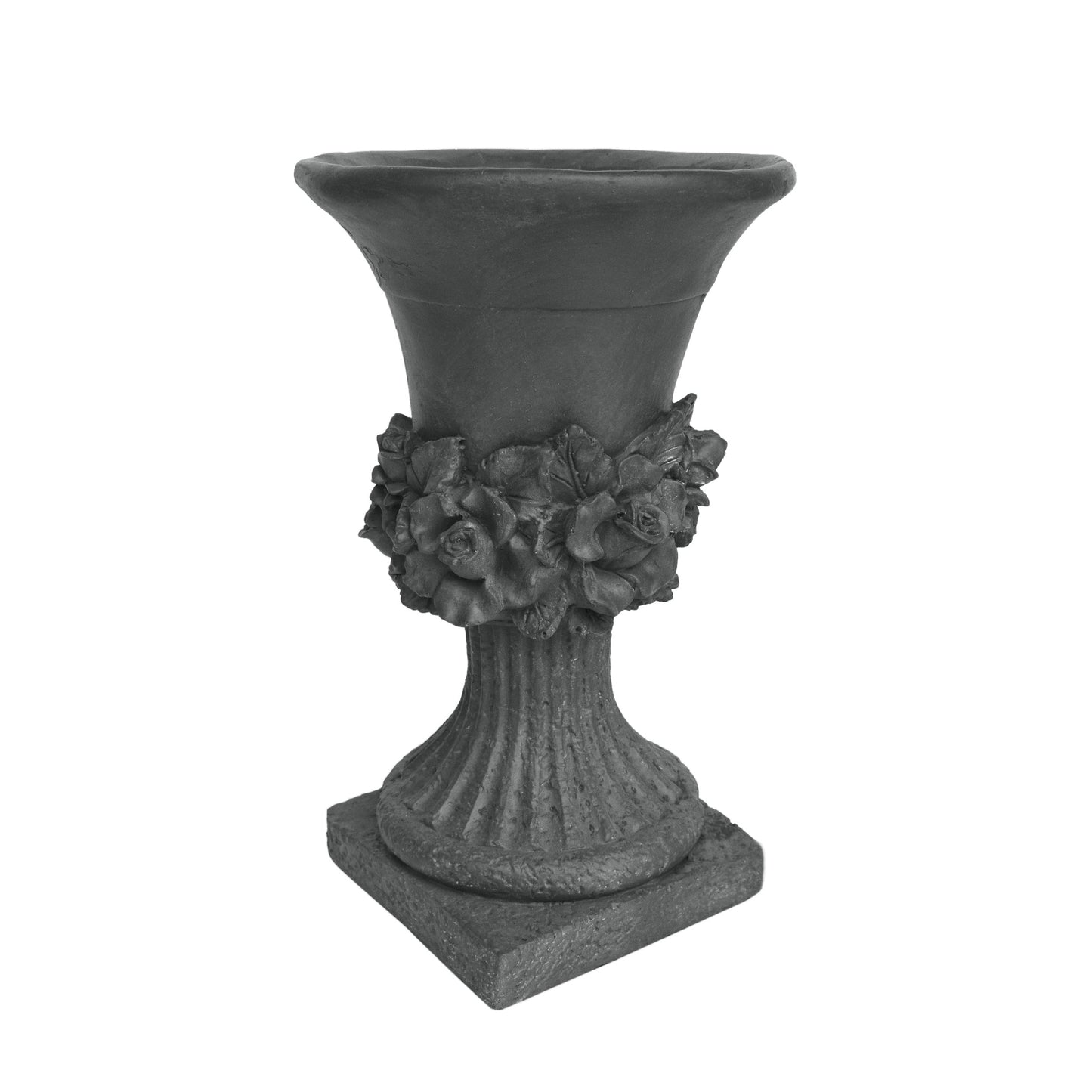 MGO Garden Urn Planter in dark stone with floral rosettes around the neck and a fluted pedestal base on Tampa Home & Garden Store