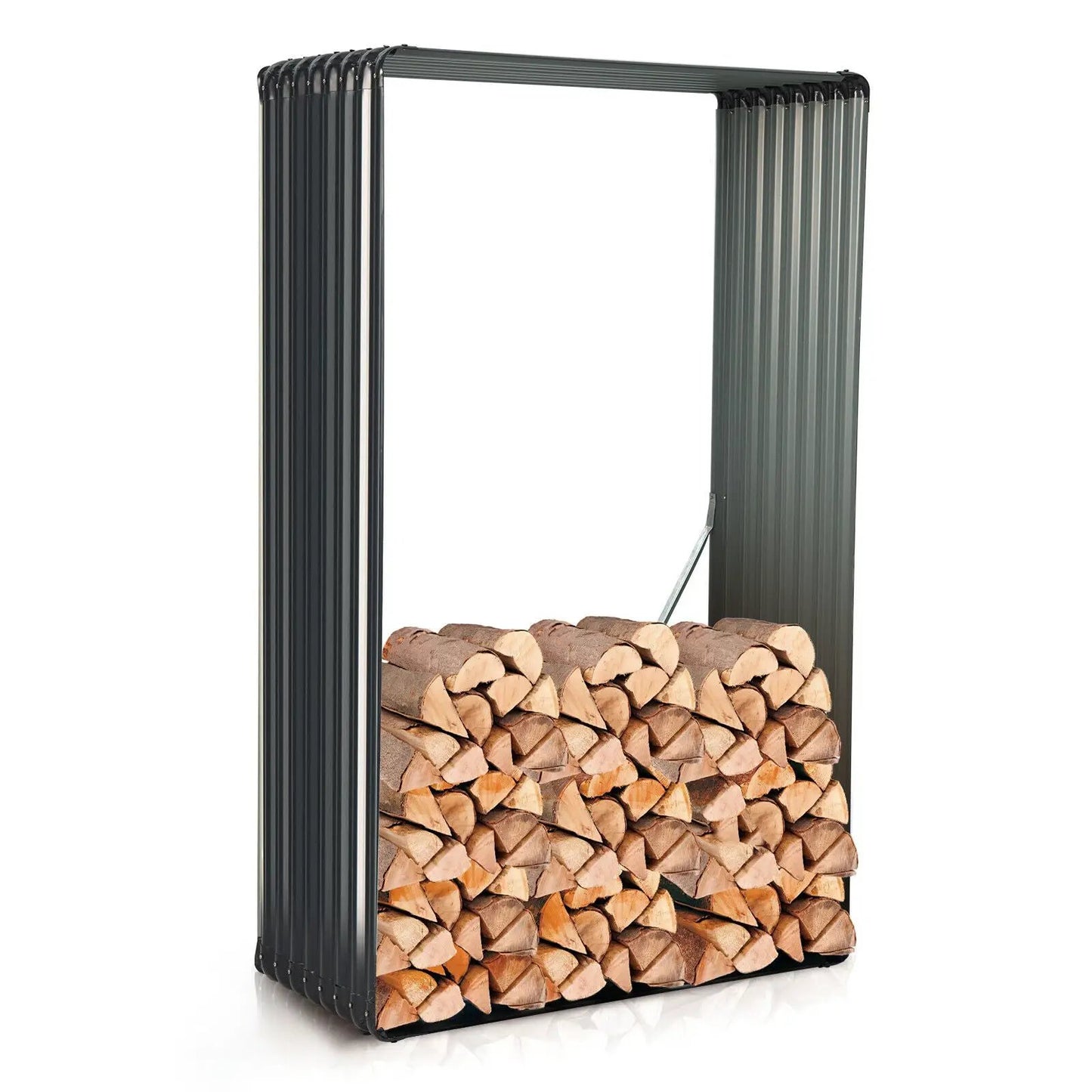 71 inch galvanized metal garden bed in dark gray filled with stacked firewood on Tampa Home & Garden Store