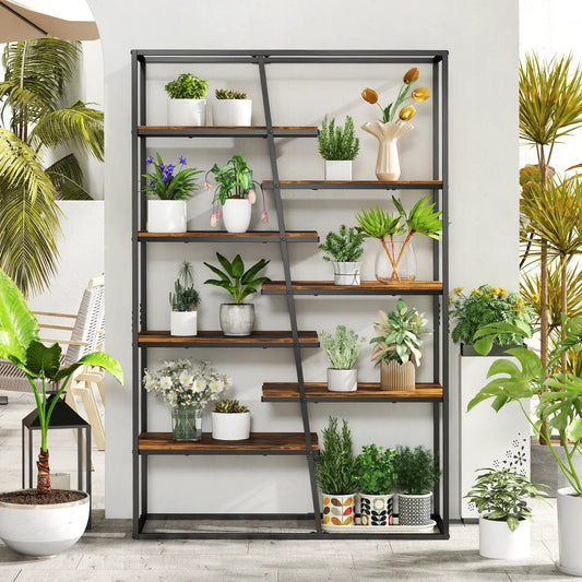 71-inch seven-tier rustic brown etagere bookcase with black metal frame and wood shelves on Tampa Home & Garden Store