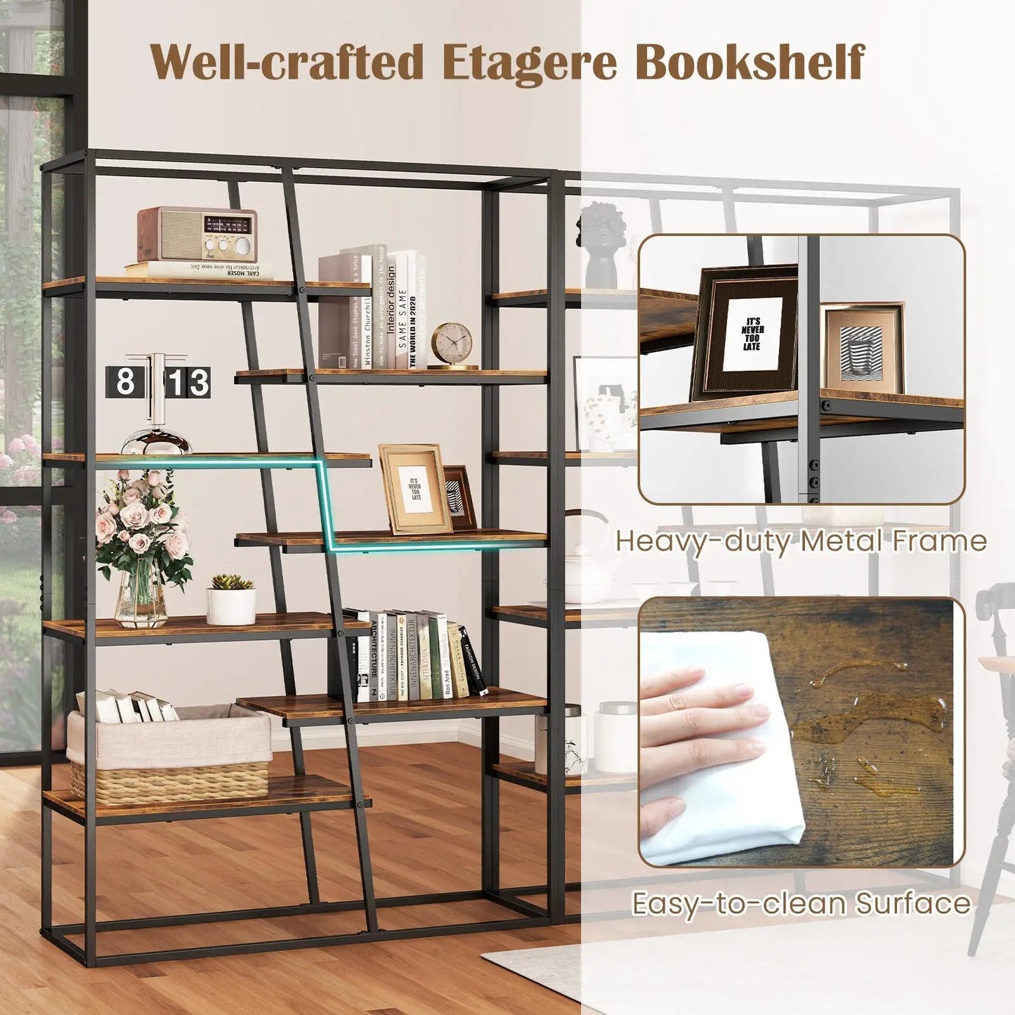 71-Inch 7-Tier Rustic Brown Etagere Bookcase with black metal frame by DirectDeals on Tampa Home & Garden Store