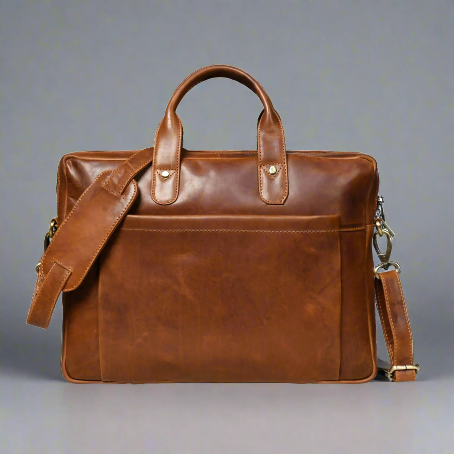 Denver Slim Laptop Briefcase in brown buffalo leather with top handles on Tampa Home & Garden Store