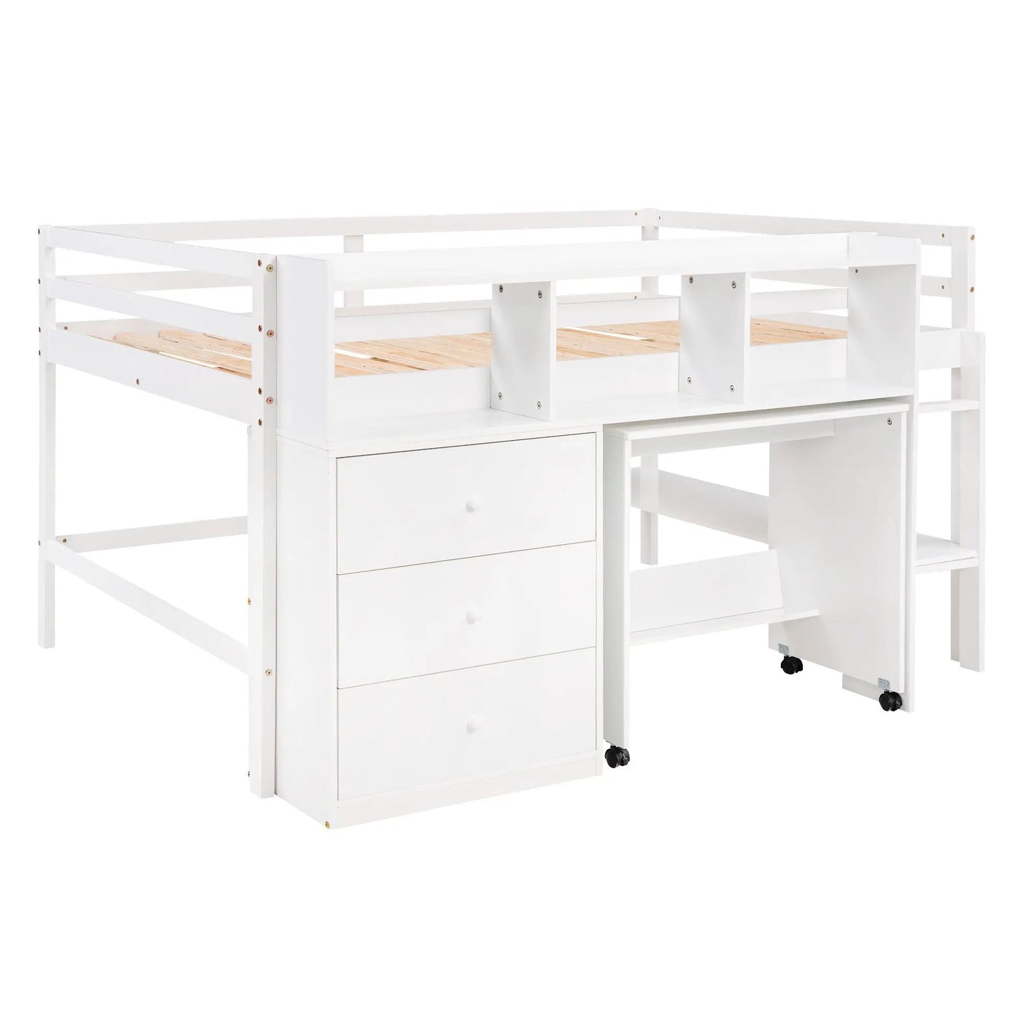 Lit mezzanine bas pleine taille avec bureau roulant portable, tiroirs et étagères, blanc